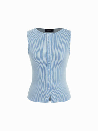 Round Neckline Stripe Button Through Tank Top