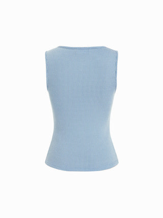 Round Neckline Stripe Button Through Tank Top