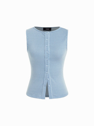 Round Neckline Stripe Button Through Tank Top