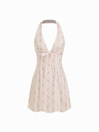 Cotton Floral Halter Neckline Bowknot A-line Mini Dress