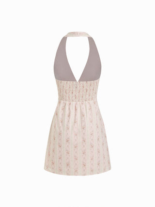 Cotton Floral Halter Neckline Bowknot A-line Mini Dress