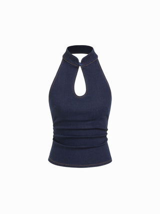 Stretch Denim Stand Collar Cut Out Ruched Halter Tank Top