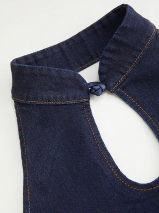 Stretch Denim Stand Collar Cut Out Ruched Halter Tank Top