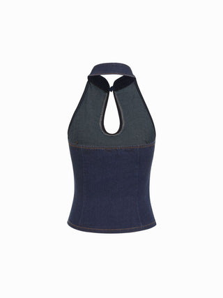 Stretch Denim Stand Collar Cut Out Ruched Halter Tank Top