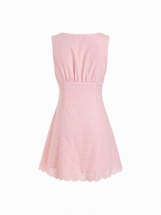 Cotton-blend Gingham V-neck Scallop Hem A-line Mini Dress