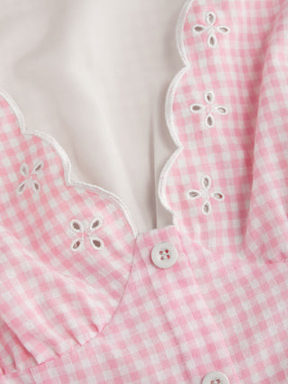 Cotton-blend Gingham V-neck Scallop Hem A-line Mini Dress