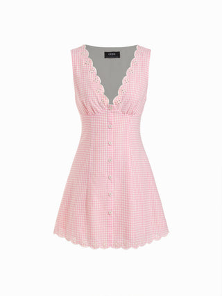 Cotton-blend Gingham V-neck Scallop Hem A-line Mini Dress
