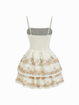 Sculptural Square Neck Floral Tiered Flared Mini Cami Dress