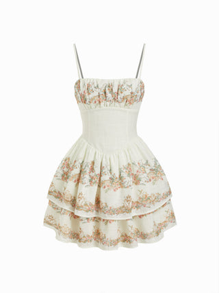 Sculptural Square Neck Floral Tiered Flared Mini Cami Dress