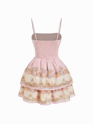 Sculptural Square Neck Floral Tiered Flared Mini Cami Dress