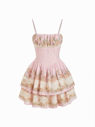 Sculptural Square Neck Floral Tiered Flared Mini Cami Dress