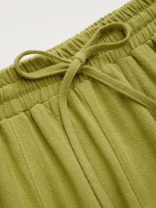 Linen-blend Mid Rise Drawstring Tiered Draped Wide Leg Trousers