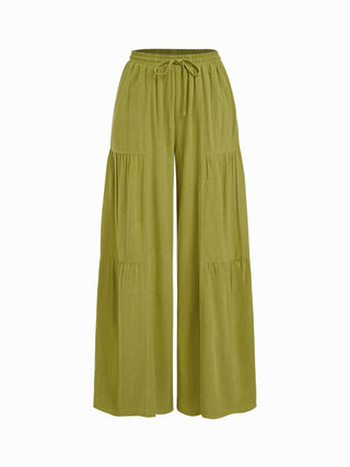 Linen-blend Mid Rise Drawstring Tiered Draped Wide Leg Trousers