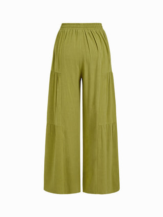 Linen-blend Mid Rise Drawstring Tiered Draped Wide Leg Trousers