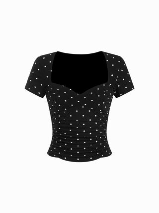 Cotton-blend Polka Dot V-neck Ruched Short Sleeve Top