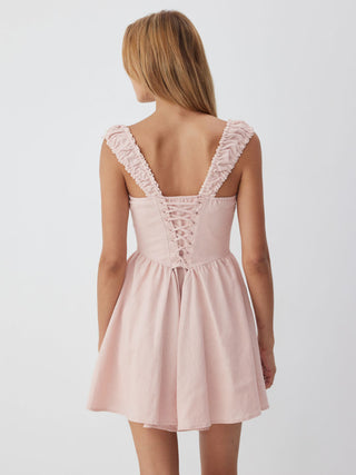 Linen-blend Sculptural Sweetheart Shirred Draped Flared Mini Dress