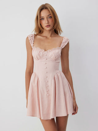 Linen-blend Sculptural Sweetheart Shirred Draped Flared Mini Dress
