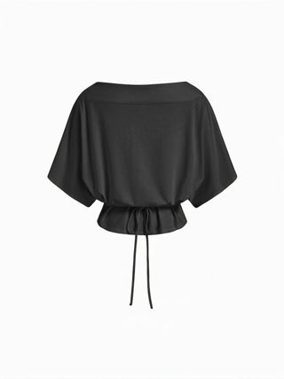 Cotton-blend Boat Neck Batwing Sleeve Drawstring Tee