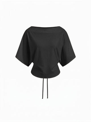 Cotton-blend Boat Neck Batwing Sleeve Drawstring Tee