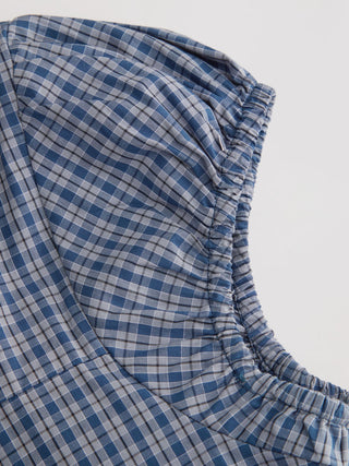 Cotton Gingham Peter Pan Collar Puff Sleeve Pleated Oversized Blouse