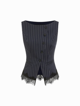 Striped Boat Neck Lace Trim Blazer Vest