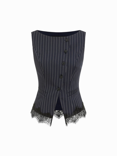 Striped Boat Neck Lace Trim Blazer Vest