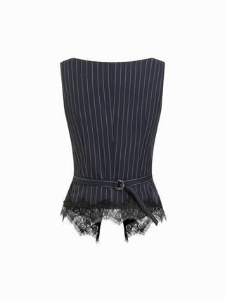 Striped Boat Neck Lace Trim Blazer Vest