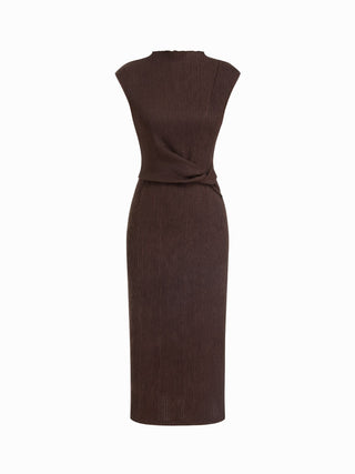 Textured High Neck Twist Knotted Straight Maxi Dress