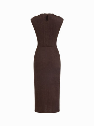Textured High Neck Twist Knotted Straight Maxi Dress