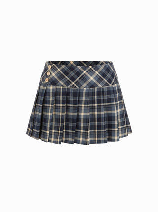 Plaid Low Rise Pleated Mini Skirt with Buttons