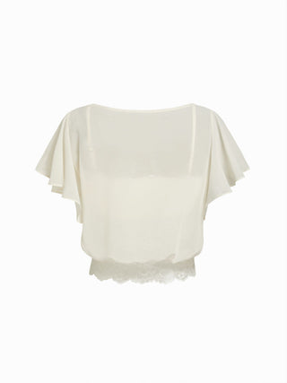 Boat Neck Bell Sleeve Lace Panel Oversized Blouse