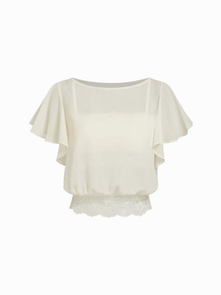 Boat Neck Bell Sleeve Lace Panel Oversized Blouse