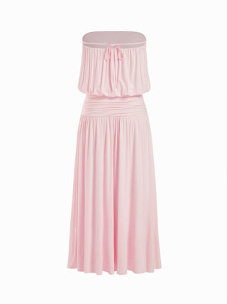 Draped Strapless Ruched Side Slit Flared Maxi Dress