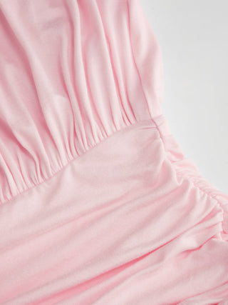 Draped Strapless Ruched Side Slit Flared Maxi Dress