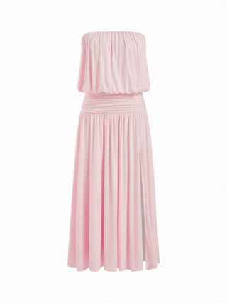 Draped Strapless Ruched Side Slit Flared Maxi Dress