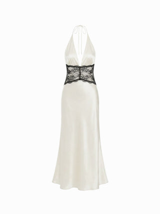 Satin Polka Dot V-neck Lace Panel Mermaid Maxi Dress