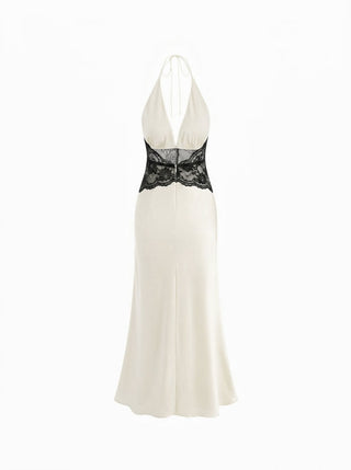 Satin Polka Dot V-neck Lace Panel Mermaid Maxi Dress