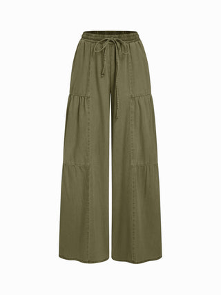 Denim Mid Rise Drawstring Ruched Wide Leg Jeans