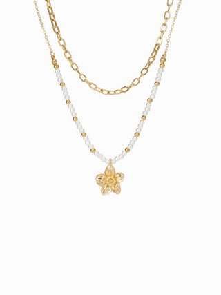 FLOWER & FAUX PEARL BEADED LAYERED NECKLACE