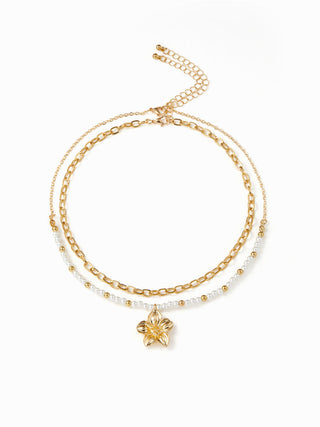 FLOWER & FAUX PEARL BEADED LAYERED NECKLACE