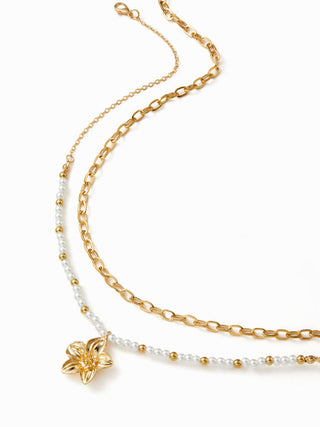 FLOWER & FAUX PEARL BEADED LAYERED NECKLACE
