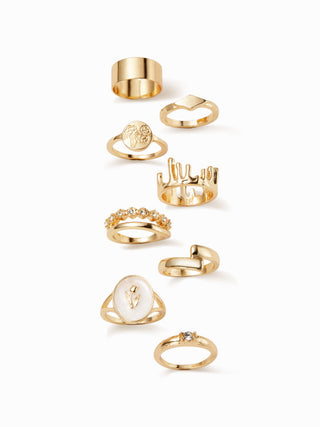 8PCS RHINESTONE & FLORAL RING SET