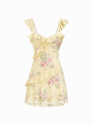 Lace Floral Sweetheart Neck Ruffle Trim Cami Mini Dress