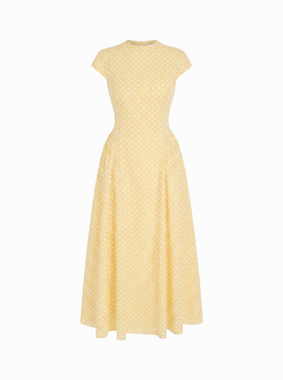 Sculptural Polka Dot Stand-Collar Flared Maxi Dress