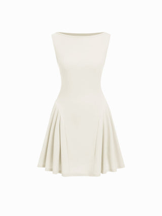 Boat Neck Pleated A-line Mini Dress