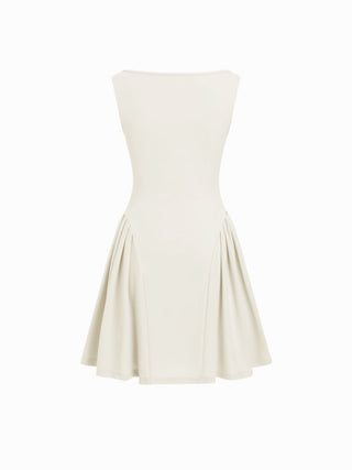 Boat Neck Pleated A-line Mini Dress