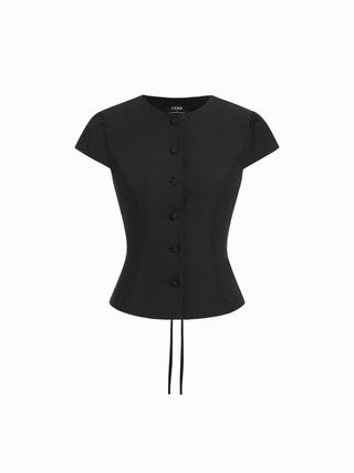 Puff Sleeve Button Front Peplum Top & Mid Rise Straight Shorts Set