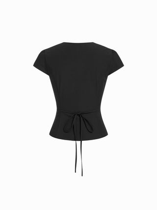 Puff Sleeve Button Front Peplum Top & Mid Rise Straight Shorts Set