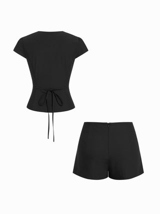 Puff Sleeve Button Front Peplum Top & Mid Rise Straight Shorts Set