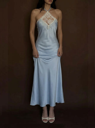 Satin Satin Halter Neckline Lace Panel Mermaid Maxi Dress For Party/Clubbing Wedding